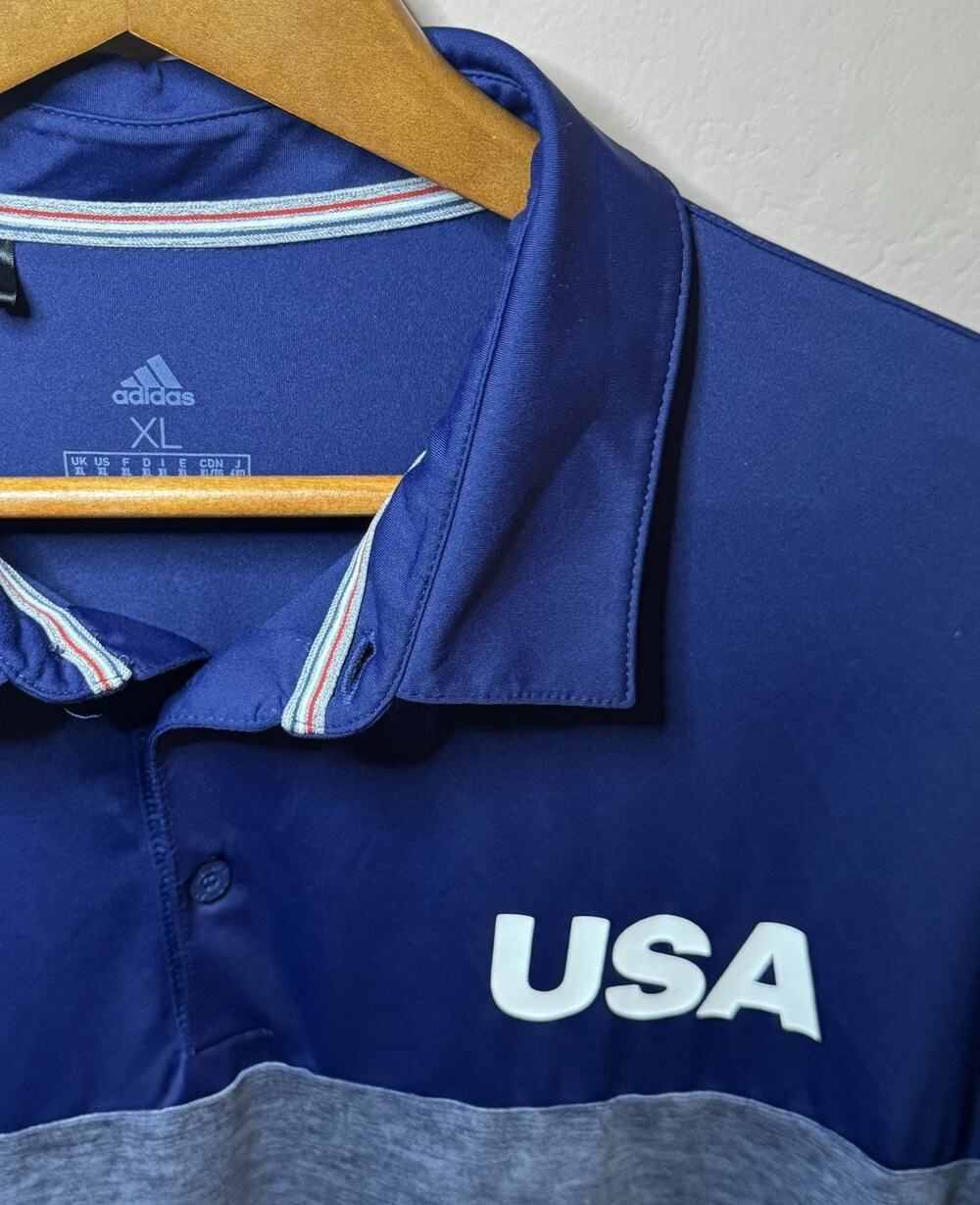 ADIDAS TEAM USA Shirt Mens XL Blue Gray White Olympic Golf Polo STRETCH